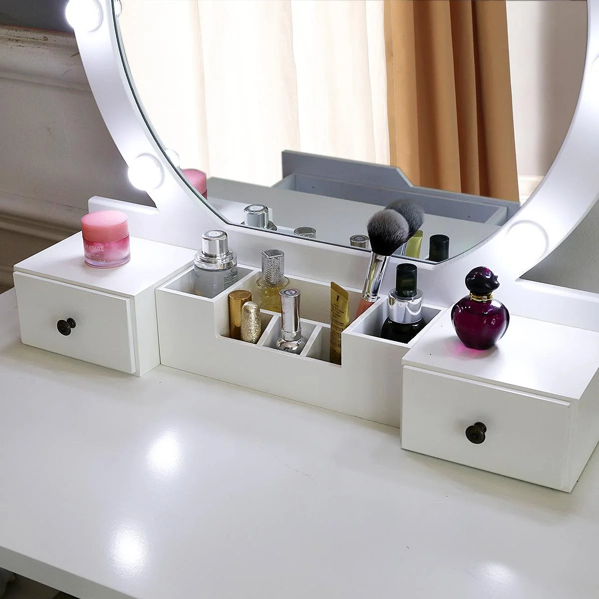 Vanity Table Set with 8 LED Lights Mirror, Wood Makeup Dressing Table with Stool & Drawer U37264