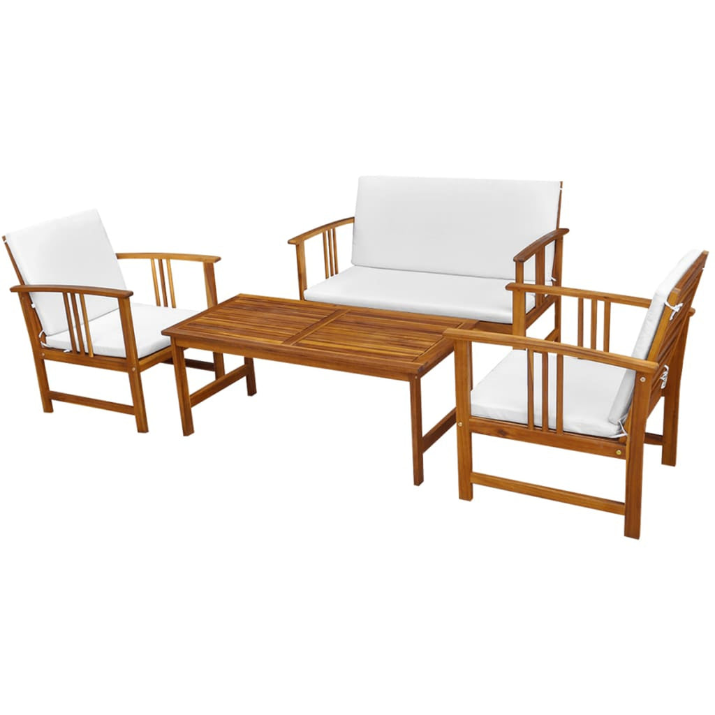4 Piece Acacia Wood Outdoor Sectional Sofa Set with White Cushions I3068