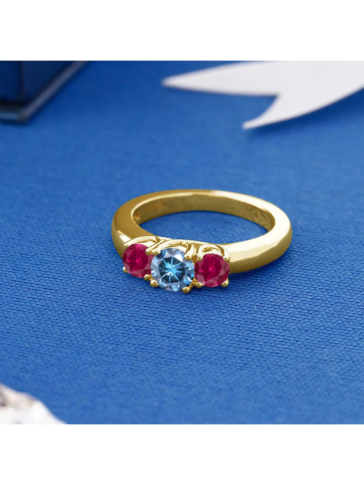 18K Yellow Gold Plated Silver Ring Persian Blue Moissanite Created Ruby L363522