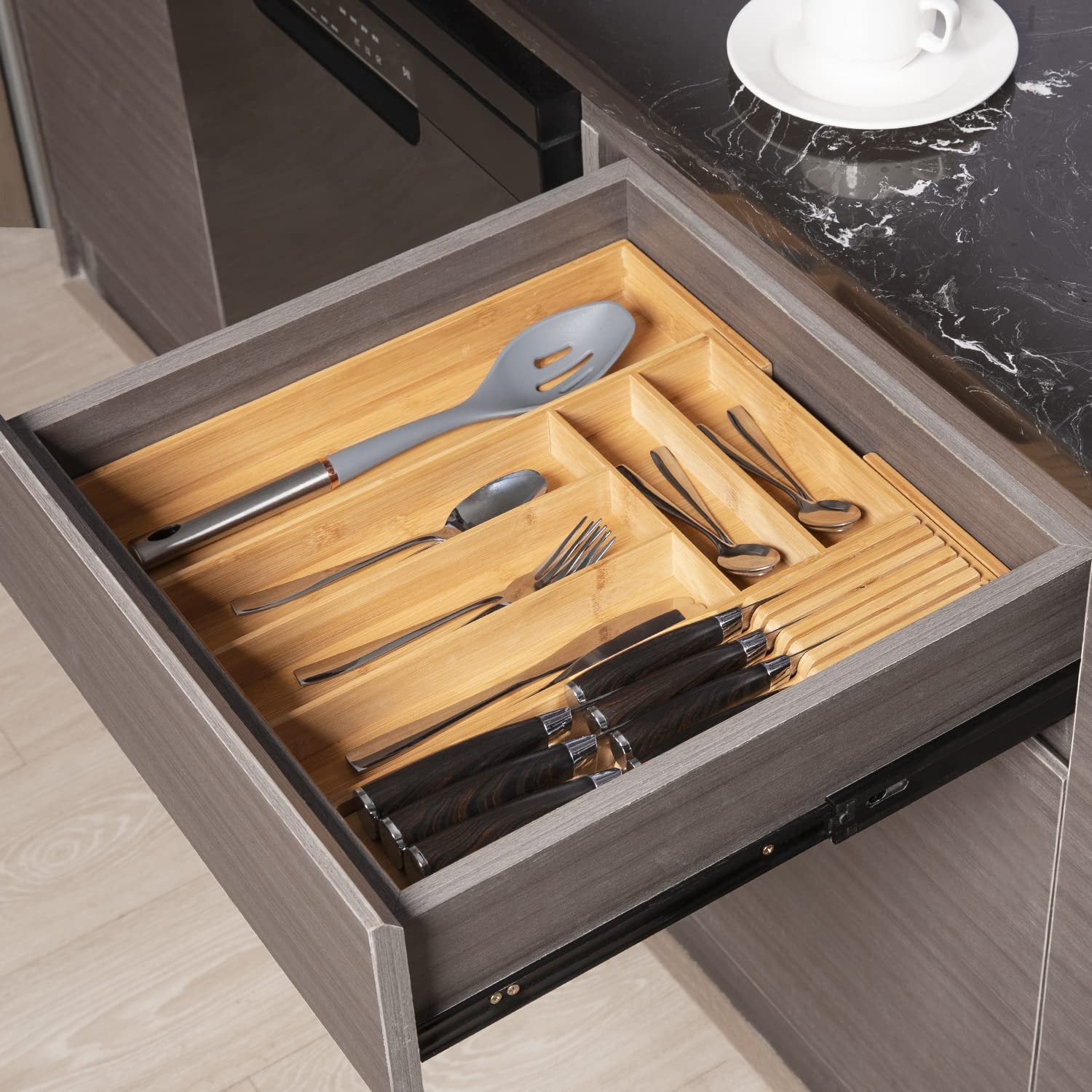 Bamboo Utensil Holder Expandable Drawer Organizer with Removable Knife Rack Y73370