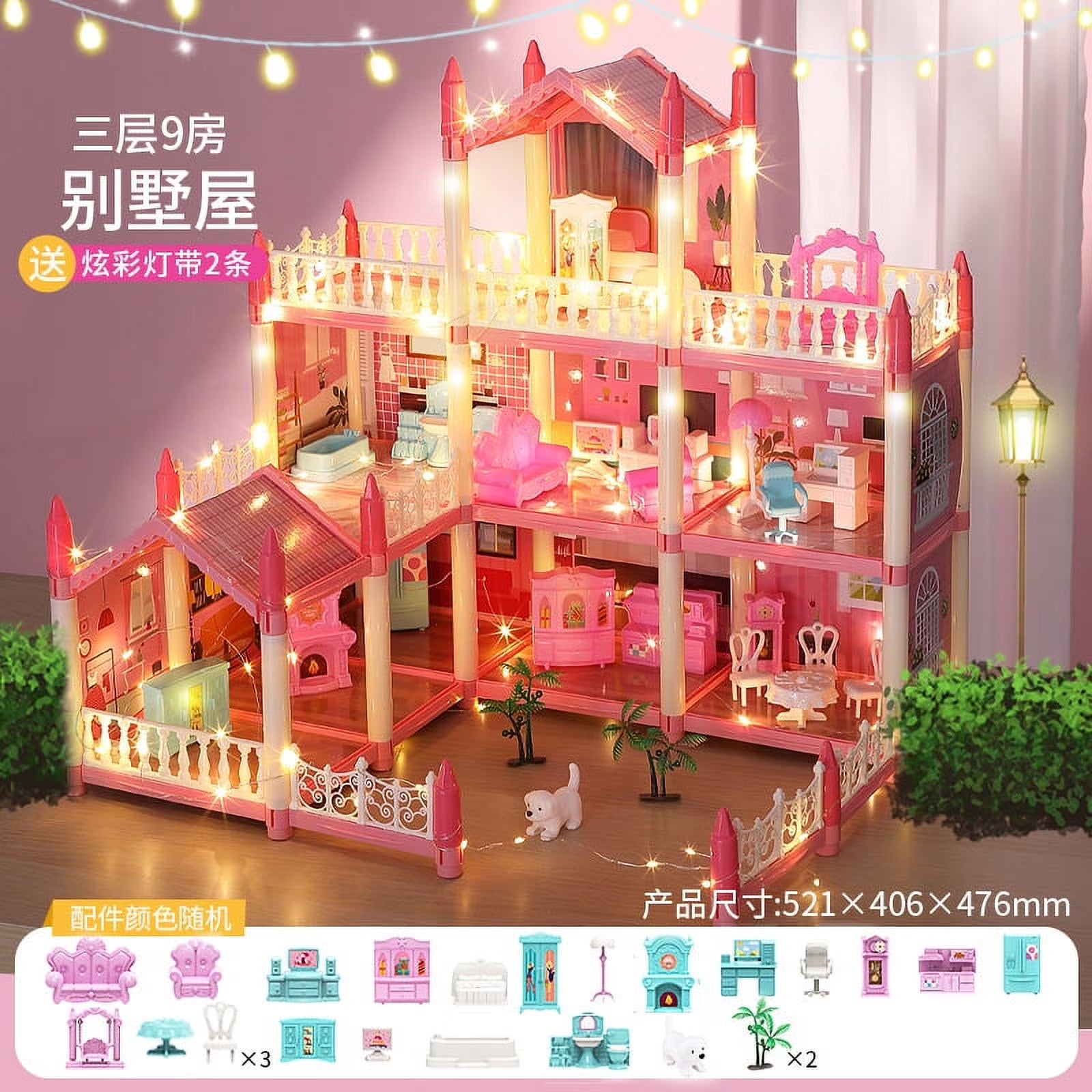 3 Stories 9 Rooms Doll House with Furniture Accessories A63068