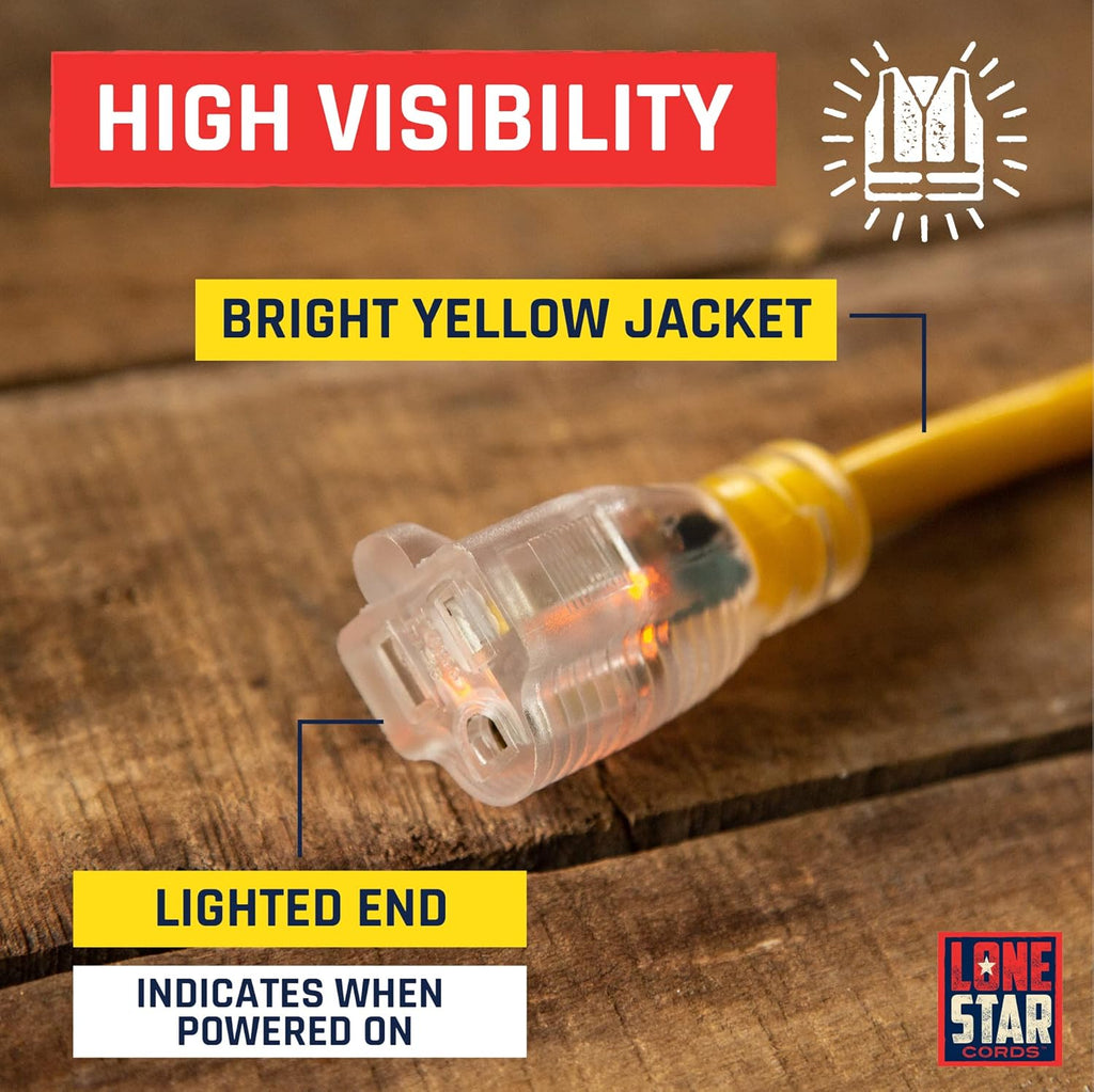 Yellow 50 Foot 12/3 SJTW Lighted Extension Cord 3 Prong Grounded Plug 12 Gauge Cable Pack of 2 D53521