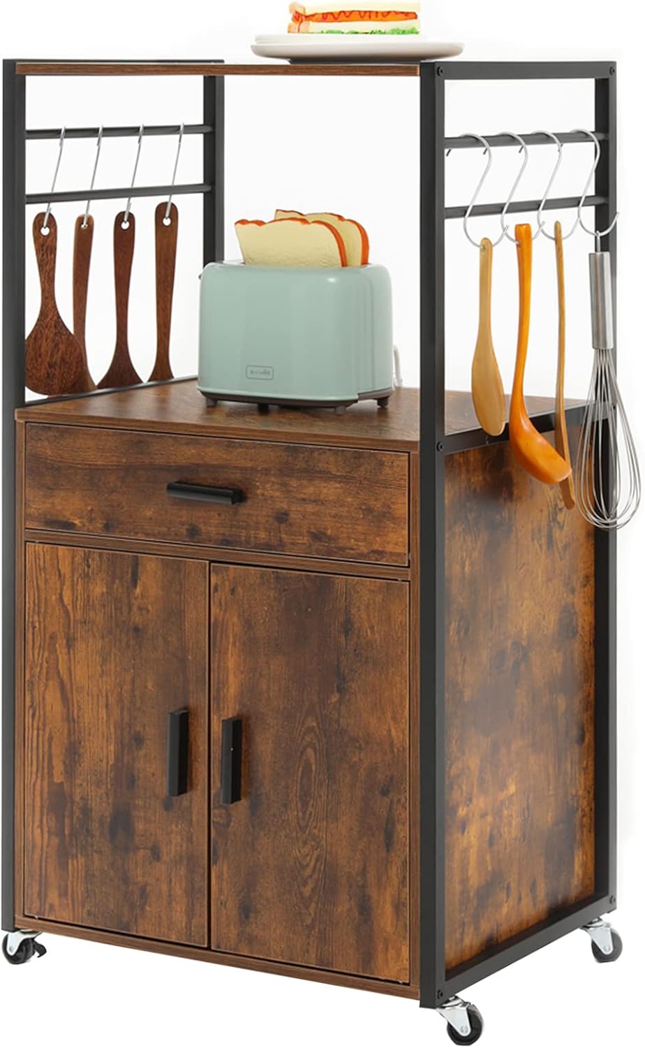 Rustic Brown Rolling Kitchen Island Cart with Drawer W65820