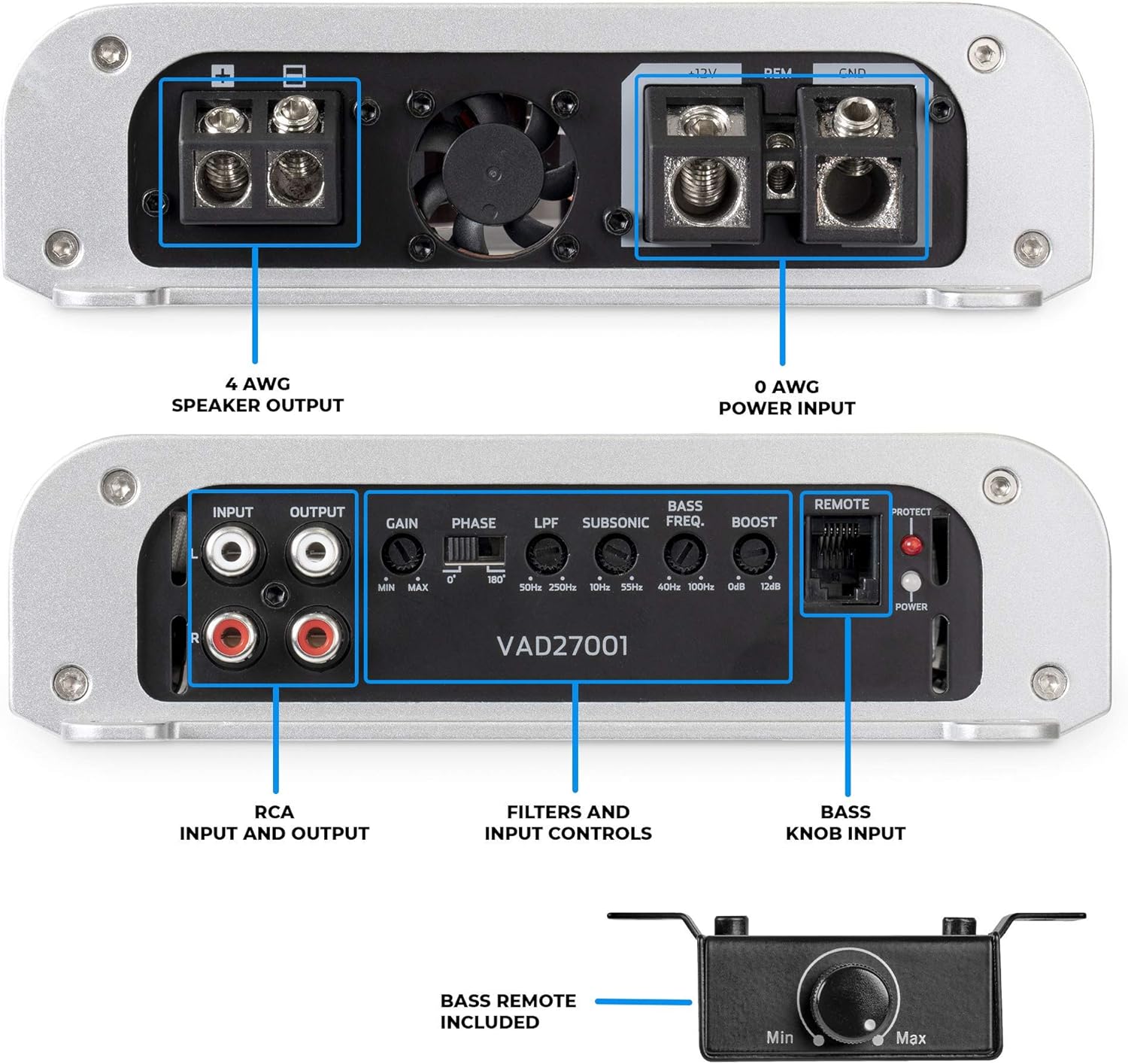 2700W RMS Class D Monoblock Amplifier with Bass Remote M493