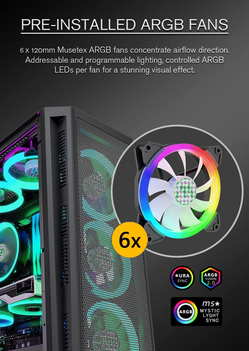 ATX PC Case with 6pcs 120mm ARGB Fans, CPU Fan, 650W Power Supply X650