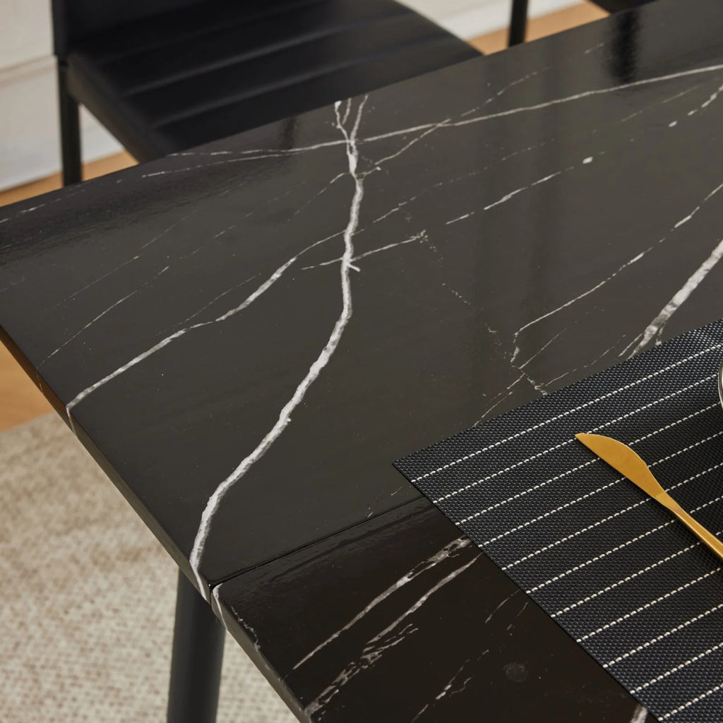 55" Black Faux Marble Dining Table Set with PU Chairs I268532