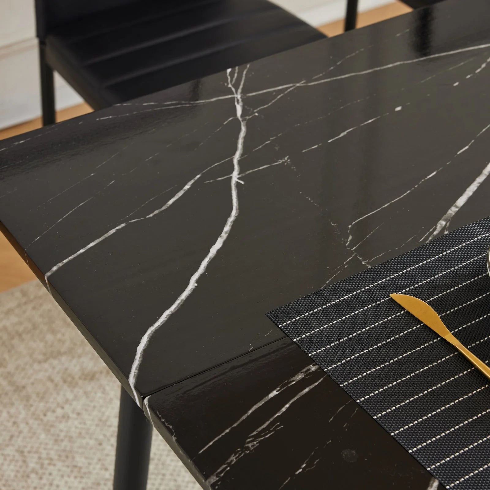 55" Black Faux Marble Dining Table Set with PU Chairs I268532