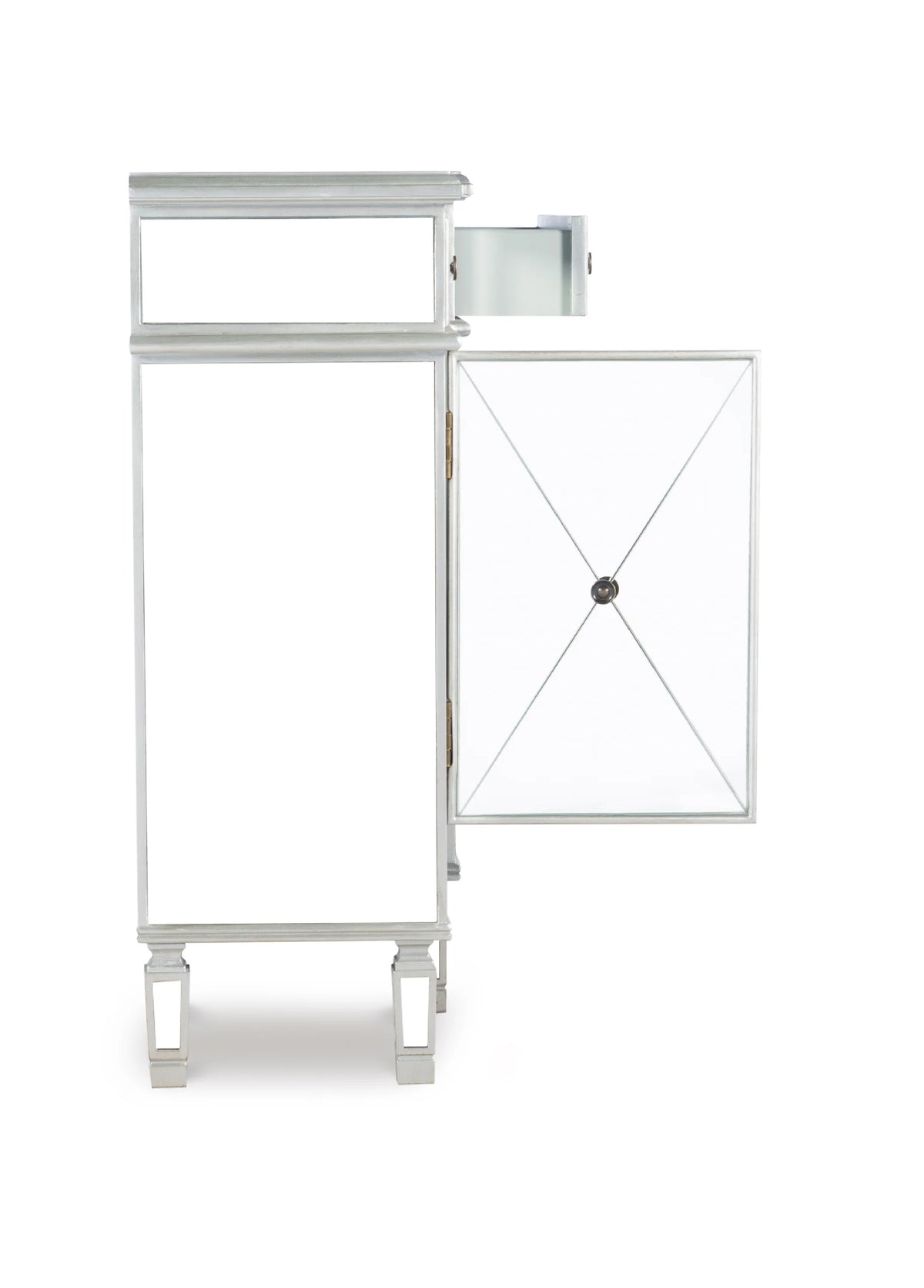 4-Door 3-Drawer Long Console Table with Shelves, Mirrored Surfaces, Silver Wood O961687