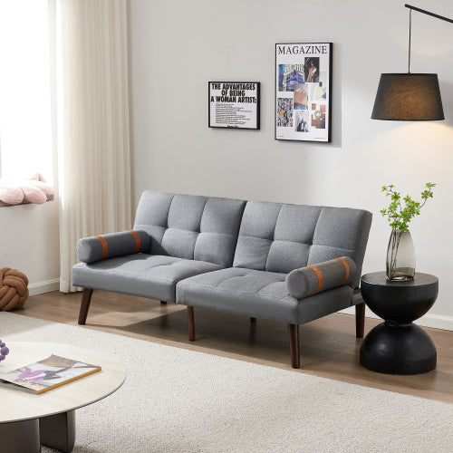 Grey Linen Convertible Sofa Bed Futon with Solid Wood Legs U6419