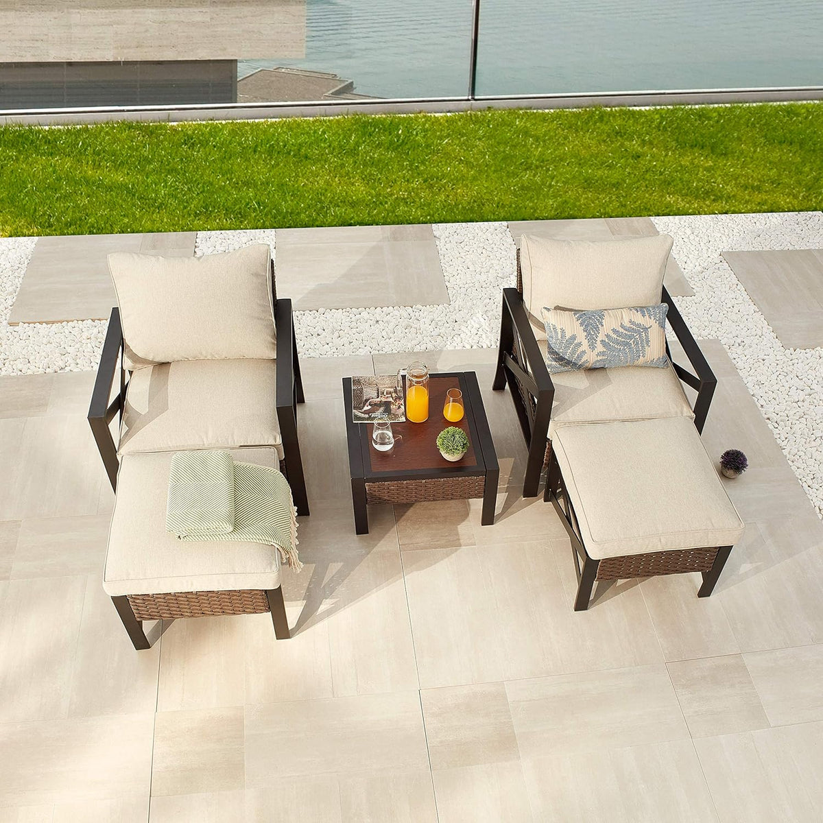 5 Piece Outdoor Wicker Conversation Sofa Set with Cushion and Coffee Table O953