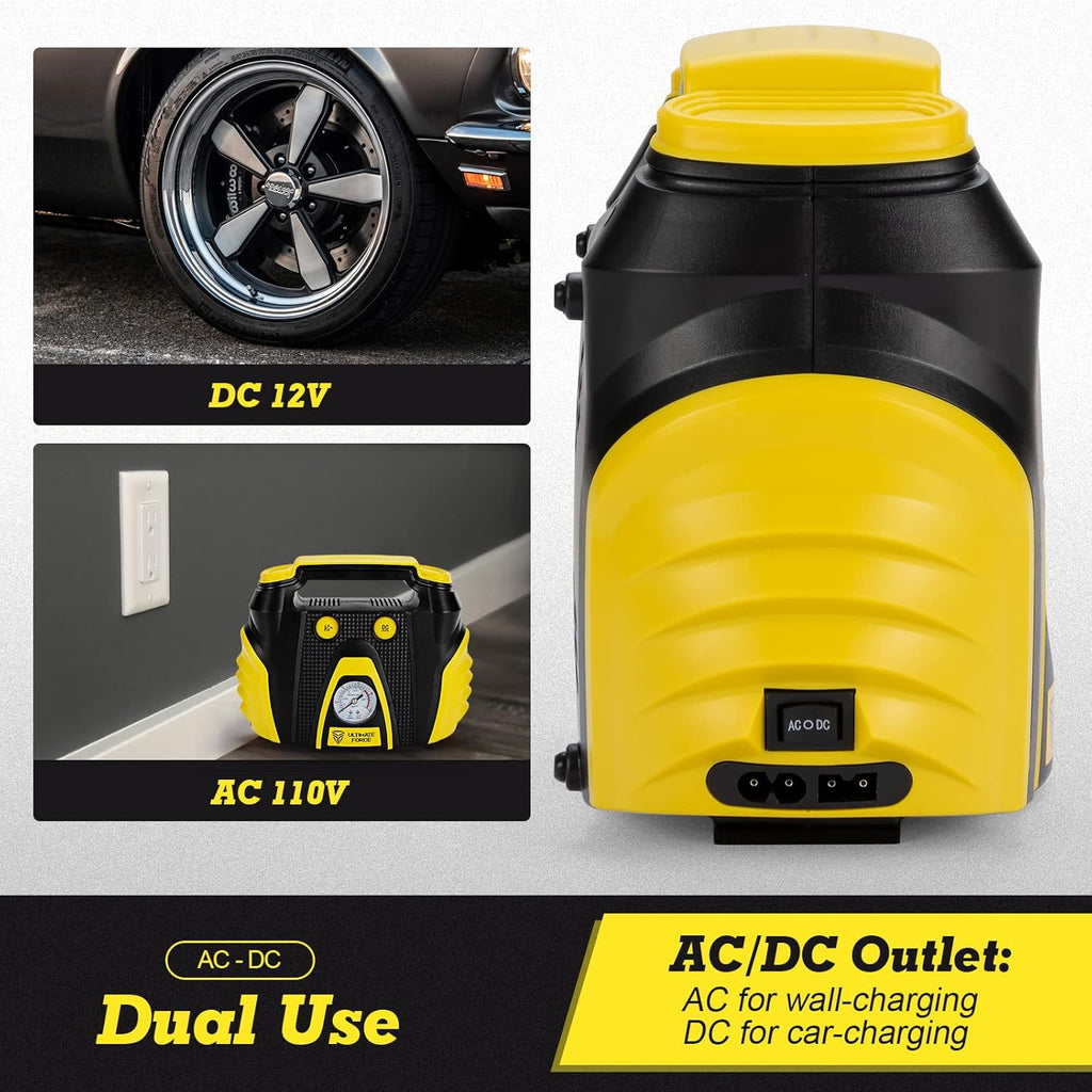 Portable Tire Inflator 12 V Air Compressor Pump with Dual Power, 3 Air Nozzle and Carrying Case, Yellow S76484
