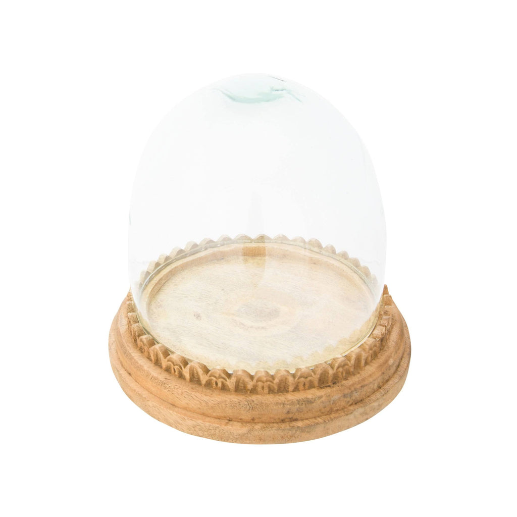 Recycled Glass Cloche on Hand-Carved Mango Wood Base, Set of 2 Pieces P62933