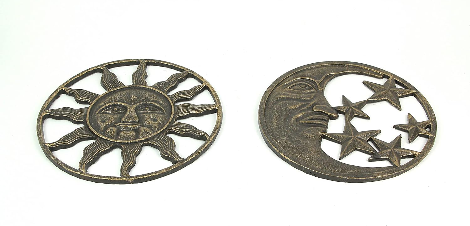 Set of 2 Antique Bronze Cast Iron Sun and Moon Wall Hanging Art Decor X1286