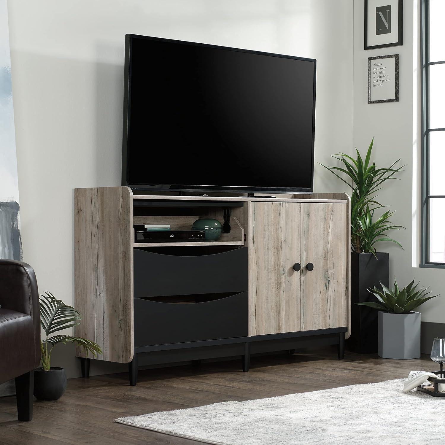 TV & Media Credenza with Drawers, Split Oak Finish U223