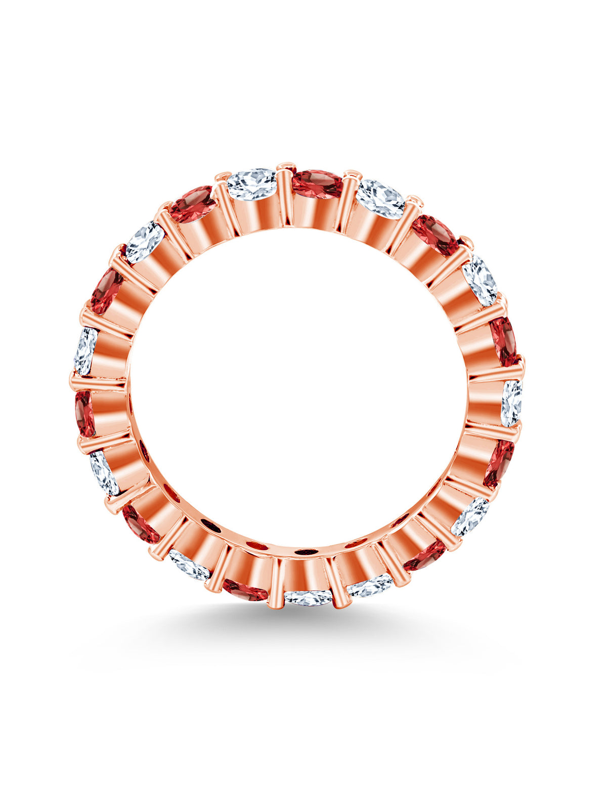 18K Rose Gold Plated Silver Round Red Garnet and White Created Sapphire Eternity Band Ring (1.50 Cttw) Y46841