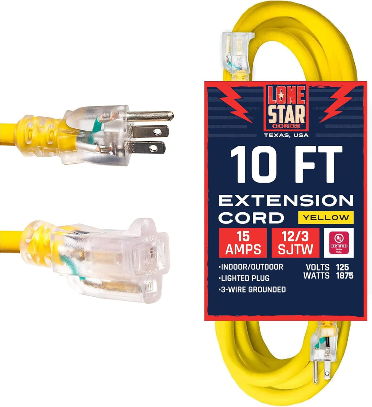 Yellow 50 Foot 12/3 SJTW Lighted Extension Cord 3 Prong Grounded Plug 12 Gauge Cable Pack of 2 D53521