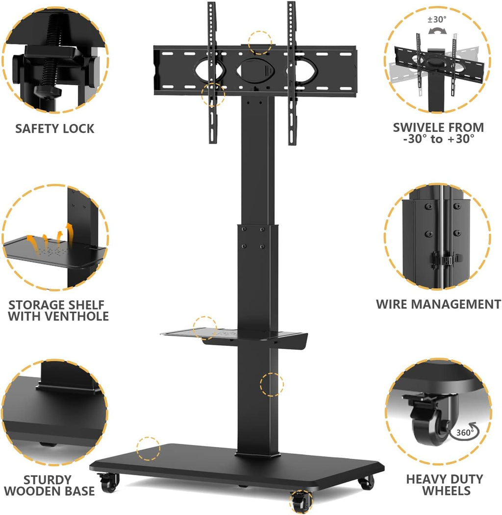 Rolling TV Stand with Wheels and Swivel Mount for 37 inch-70 inch LCD LED Flat Panel Screen TV, Portable Mobile TV Cart with Shelf, Height Adjustable, Max VESA 600x400mm G74951