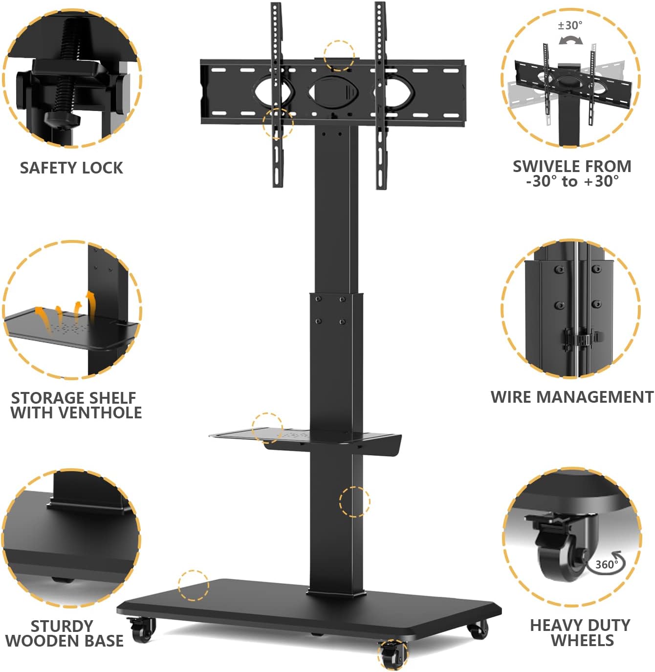 Rolling TV Stand with Wheels and Swivel Mount for 37 inch-70 inch LCD LED Flat Panel Screen TV, Portable Mobile TV Cart with Shelf, Height Adjustable, Max VESA 600x400mm G74951