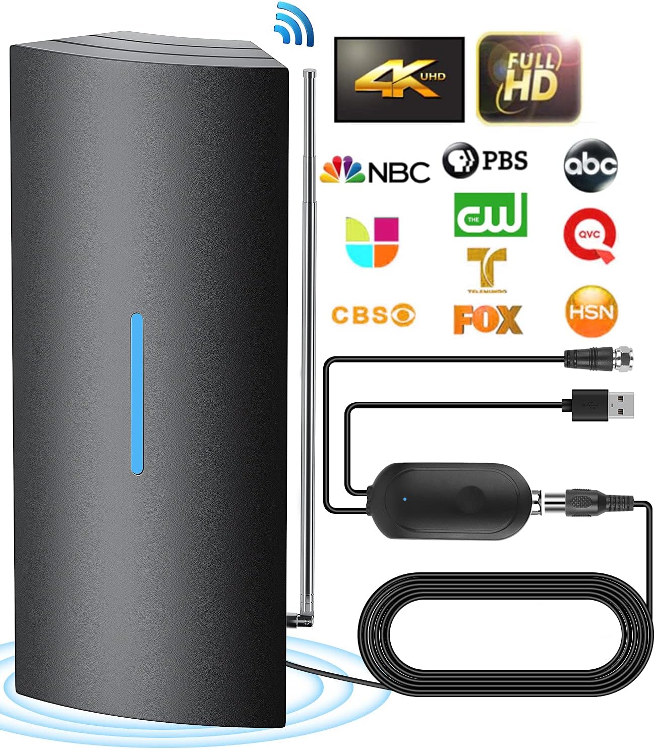 Portable Amplified Digital HDTV Antenna 420 Miles Range 360° Reception 36ft Coaxial Cable for 4K 1080p Pack of 2 J46267