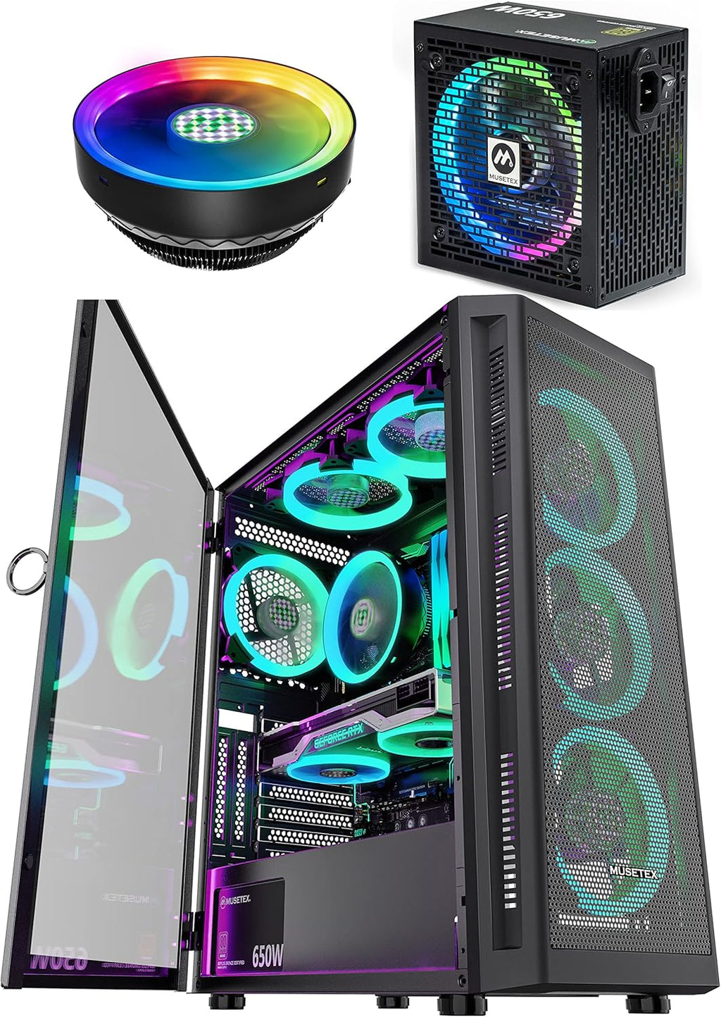 ATX PC Case with 6pcs 120mm ARGB Fans, CPU Fan, 650W Power Supply X650