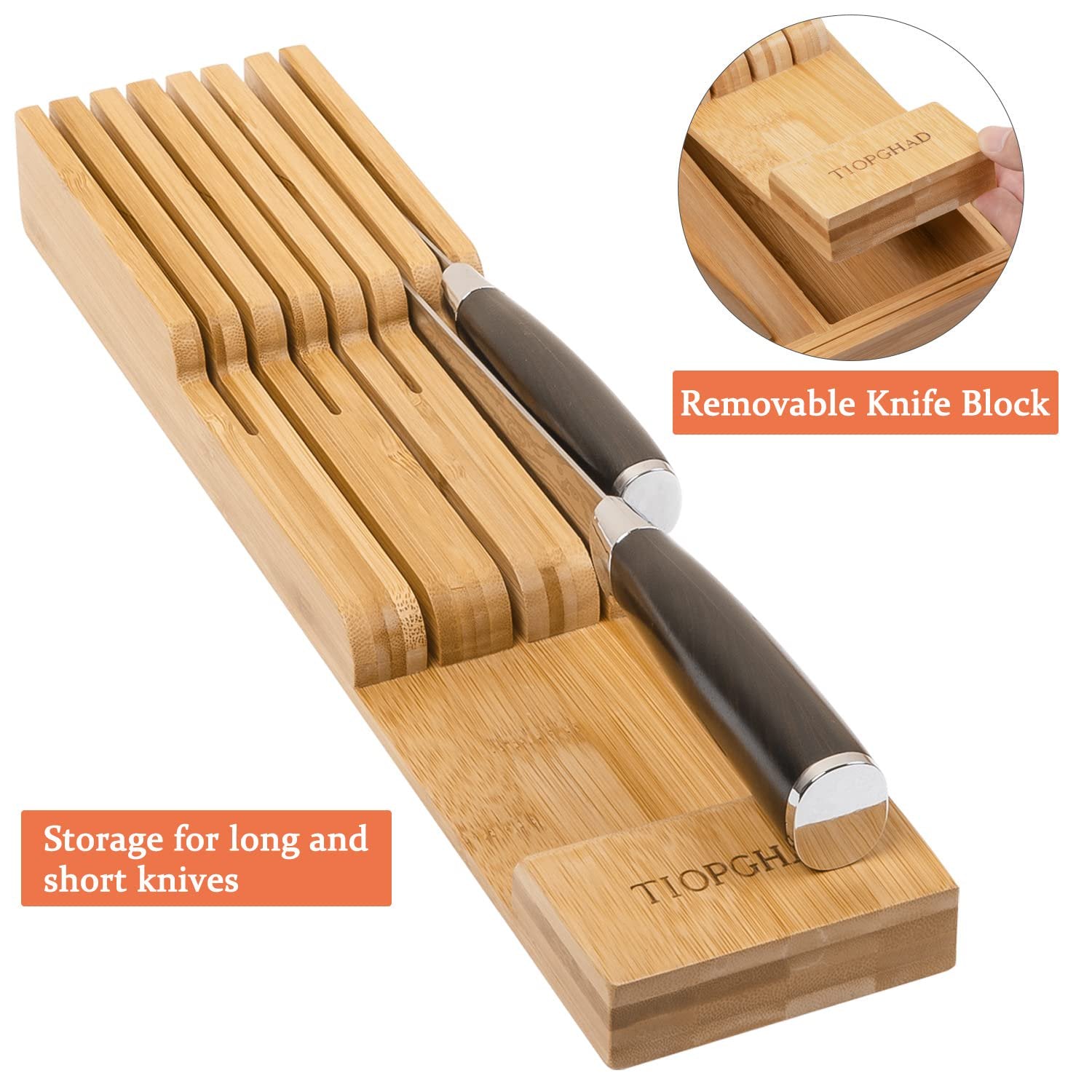 Bamboo Utensil Holder Expandable Drawer Organizer with Removable Knife Rack Y73370