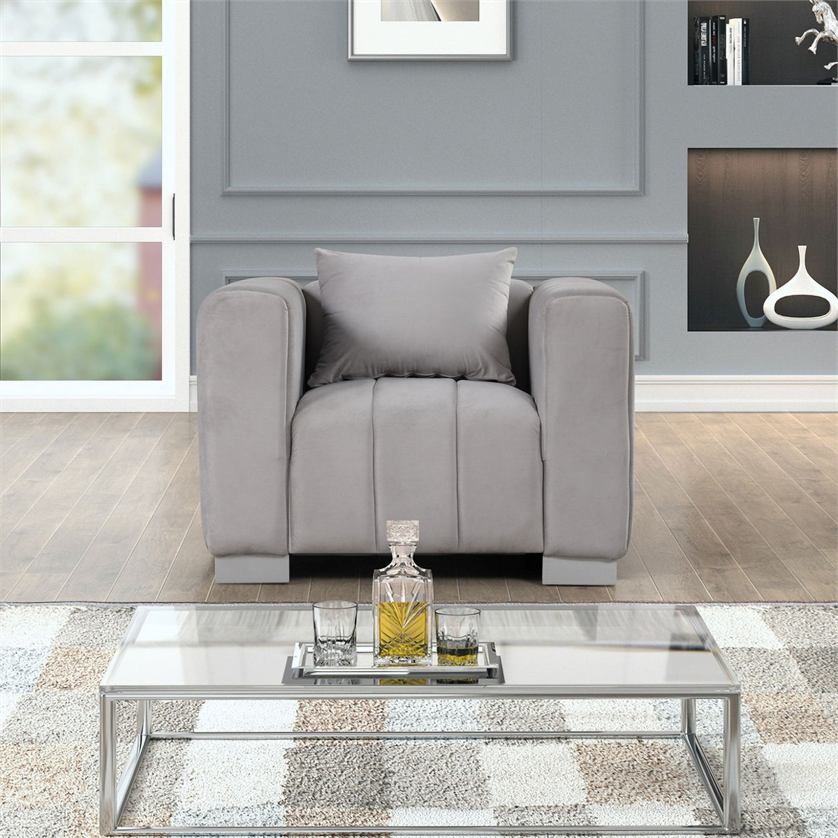 Light Gray Velvet Fabric Sofa and Chair Set K62609