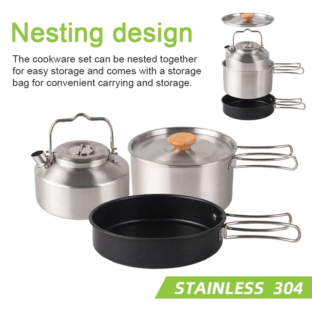 Stainless Steel Camping Cookware Set with Pot Frying Pan Kettle D78703