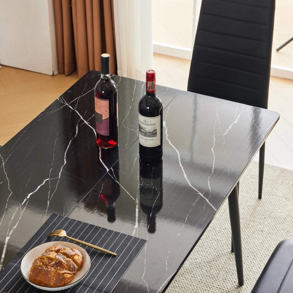 55" Black Faux Marble Dining Table Set with PU Chairs I268532
