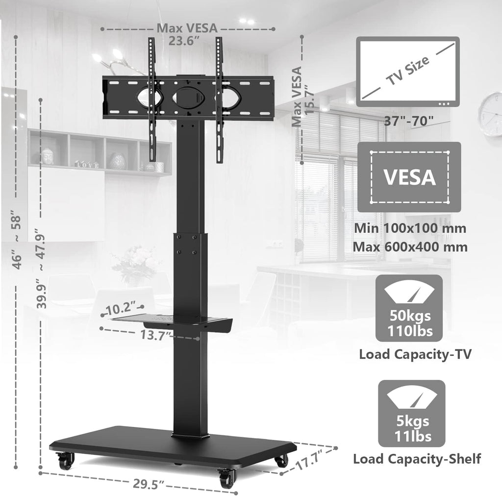Rolling TV Stand with Wheels and Swivel Mount for 37 inch-70 inch LCD LED Flat Panel Screen TV, Portable Mobile TV Cart with Shelf, Height Adjustable, Max VESA 600x400mm G74951