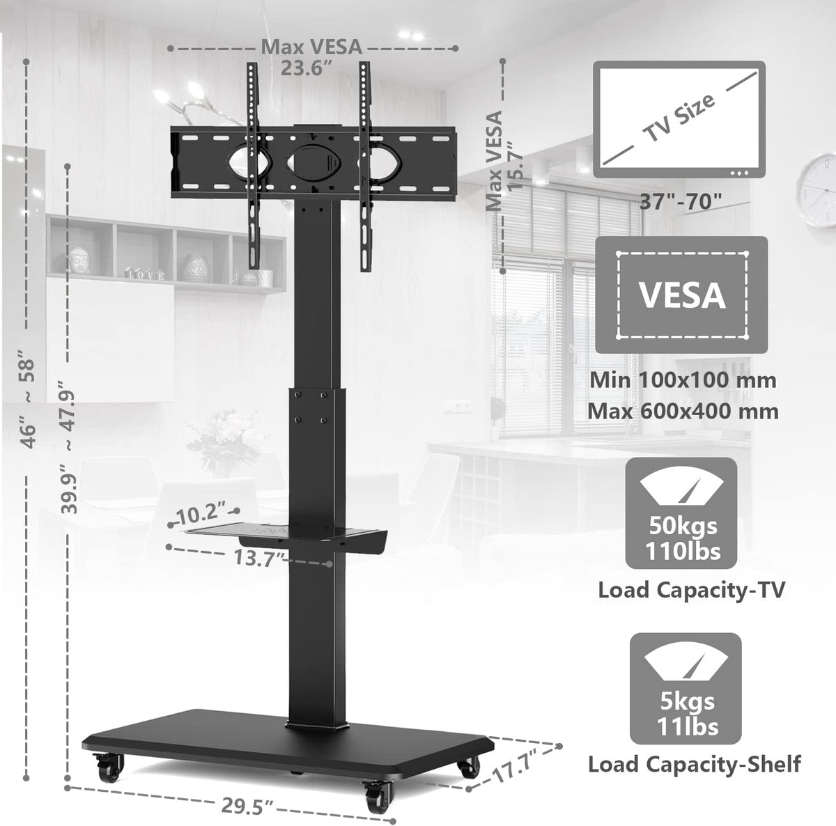 Rolling TV Stand with Wheels and Swivel Mount for 37 inch-70 inch LCD LED Flat Panel Screen TV, Portable Mobile TV Cart with Shelf, Height Adjustable, Max VESA 600x400mm G74951