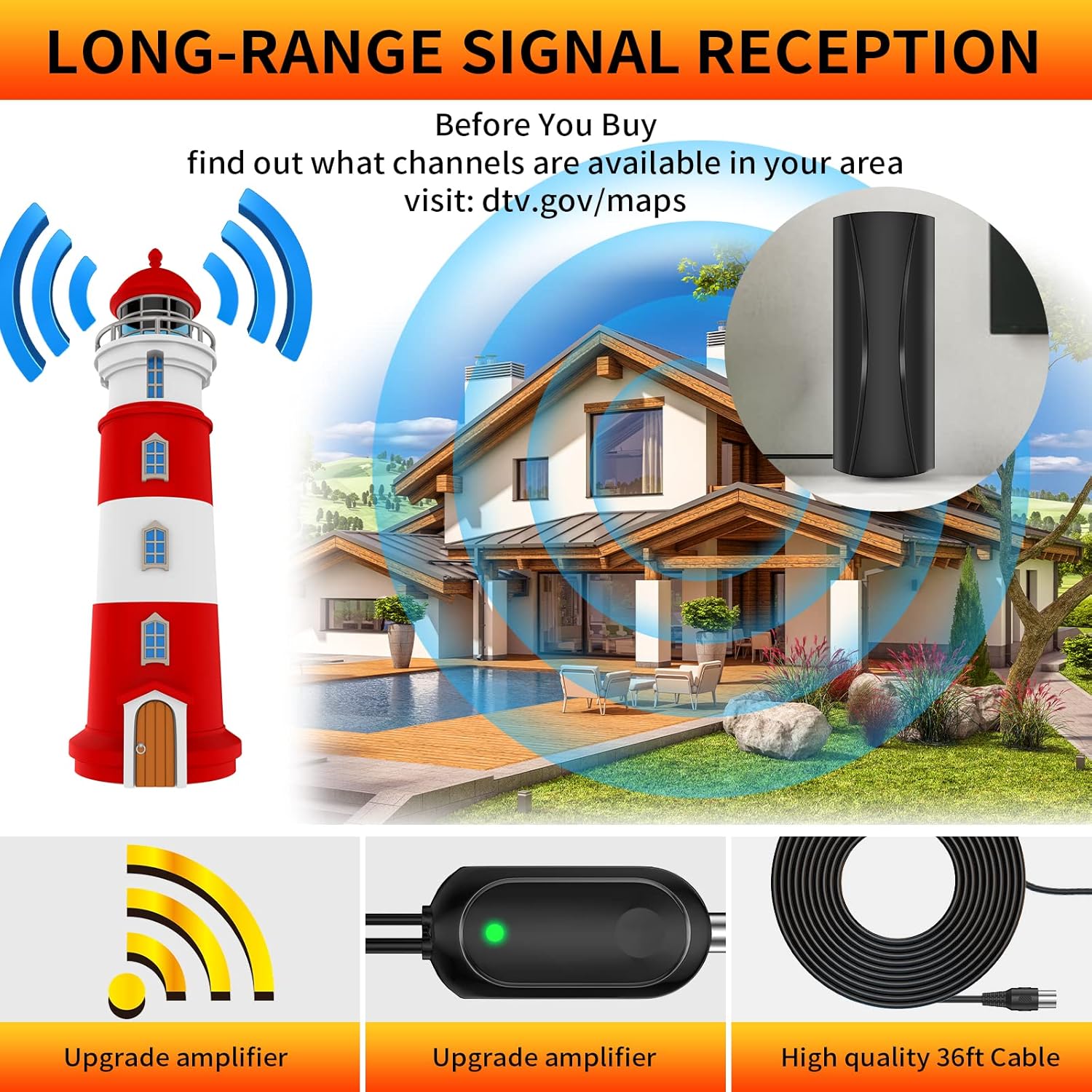 Digital TV Antenna with 36FT Coaxial Cable Amplifier J1458