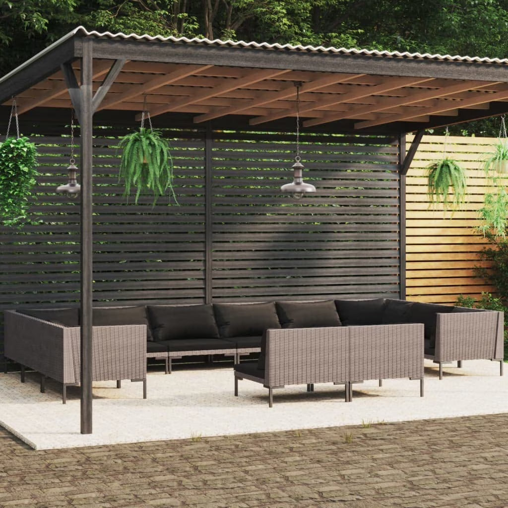 12 Piece Poly Rattan Patio Lounge Set with Cushions Dark Gray Q1709