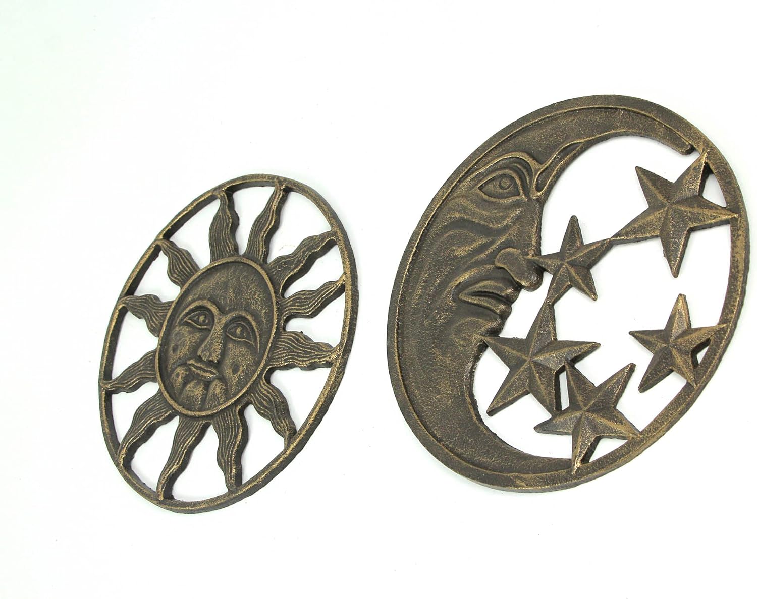 Set of 2 Antique Bronze Cast Iron Sun and Moon Wall Hanging Art Decor X1286