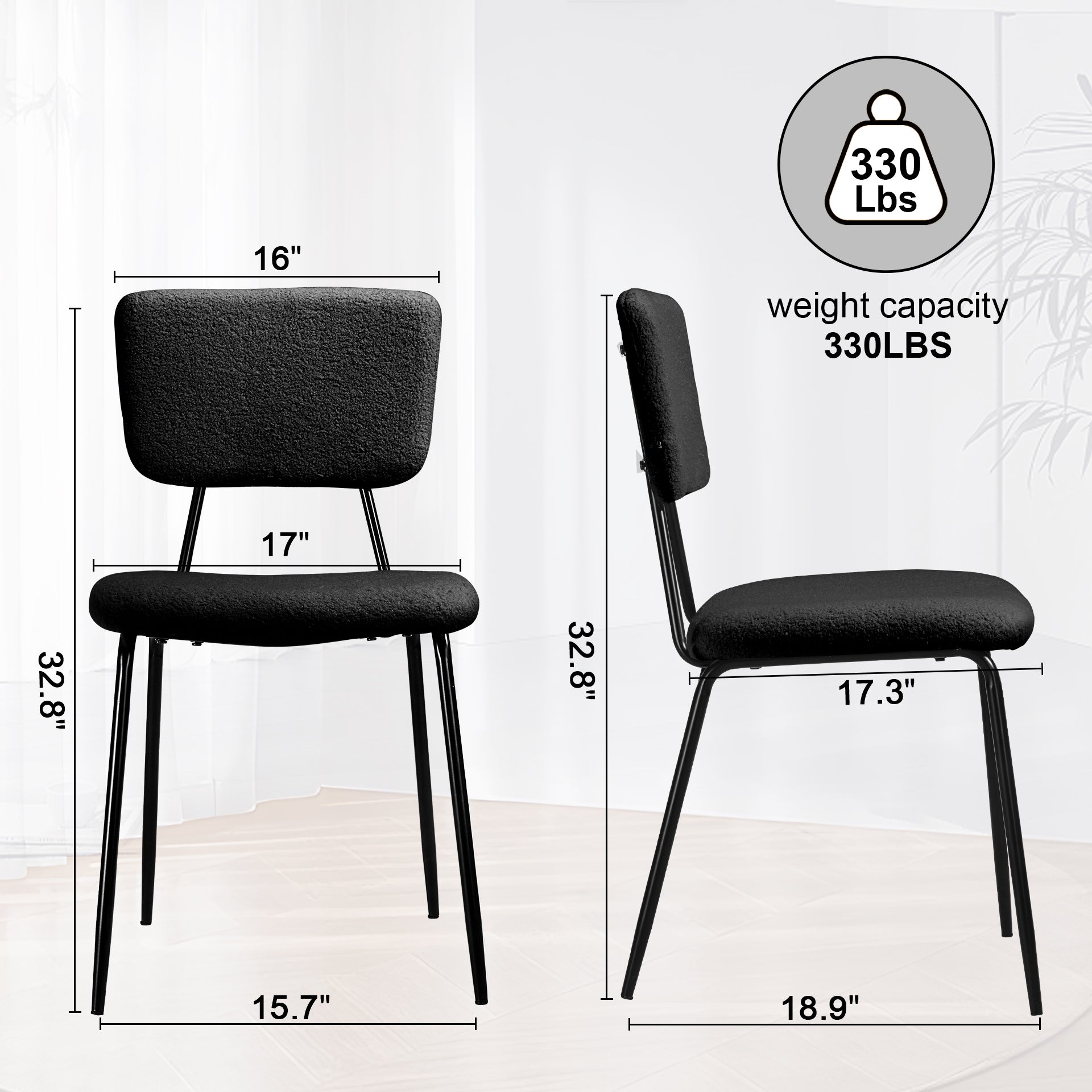 Black Boucle Dining Chairs Set of 4 with Metal Legs J9061