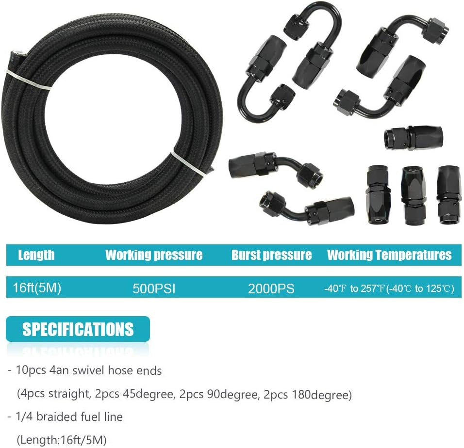 10FT 6 AN 3/8" Nylon Stainless Steel Braided PTFE E85 Fuel Line Fittings Kit with 6PCS Swivel Adapters Pack of 2 S37443