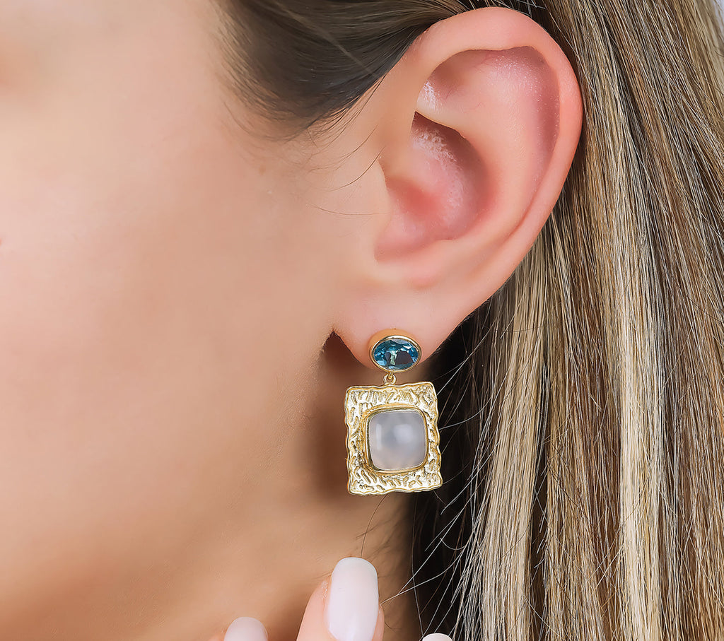 Blue topaz and calcedonie earrings in sterling silver 18k gold plated R778