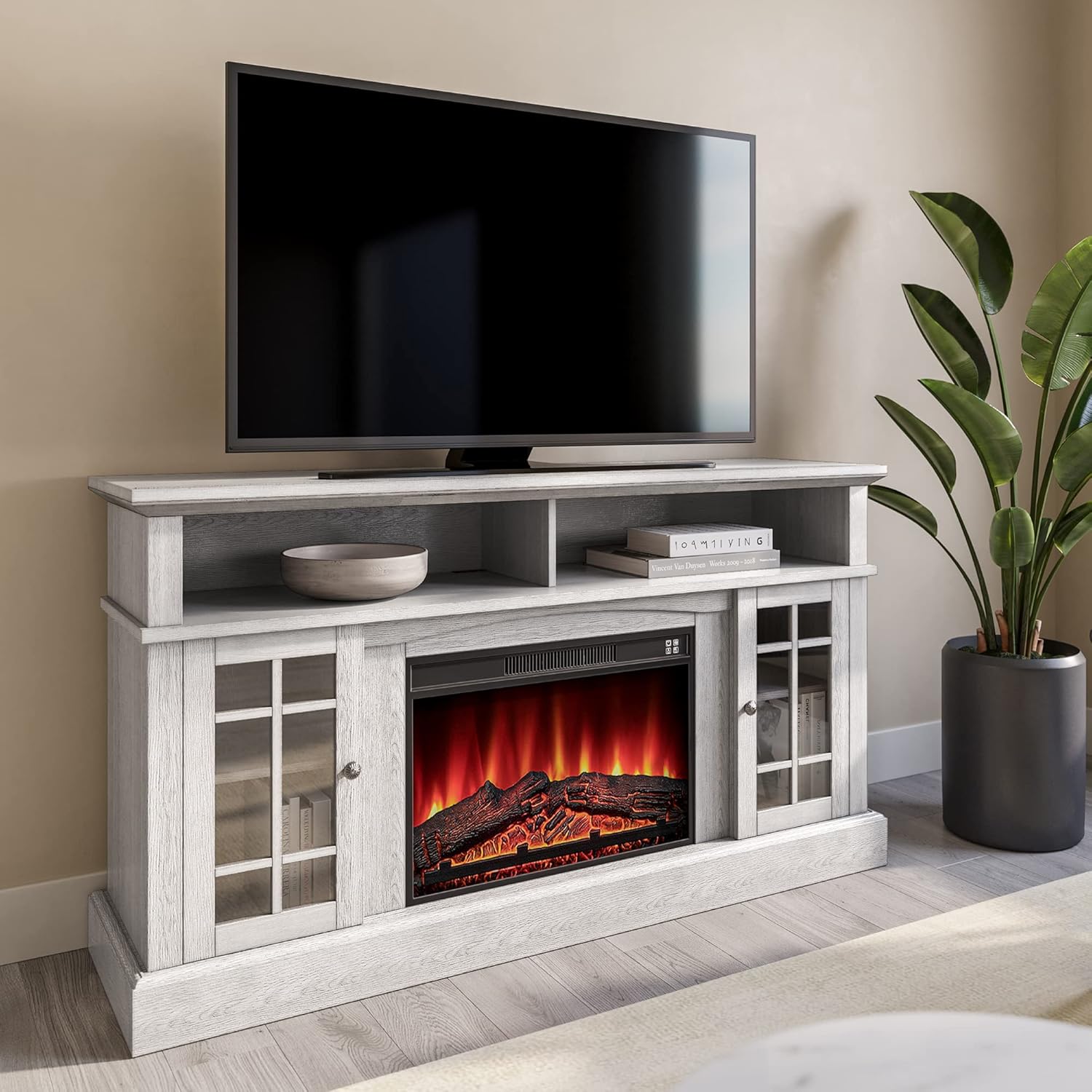 Rustic Electric Fireplace TV Stand with Open Storage Shelves & Cabinets K260
