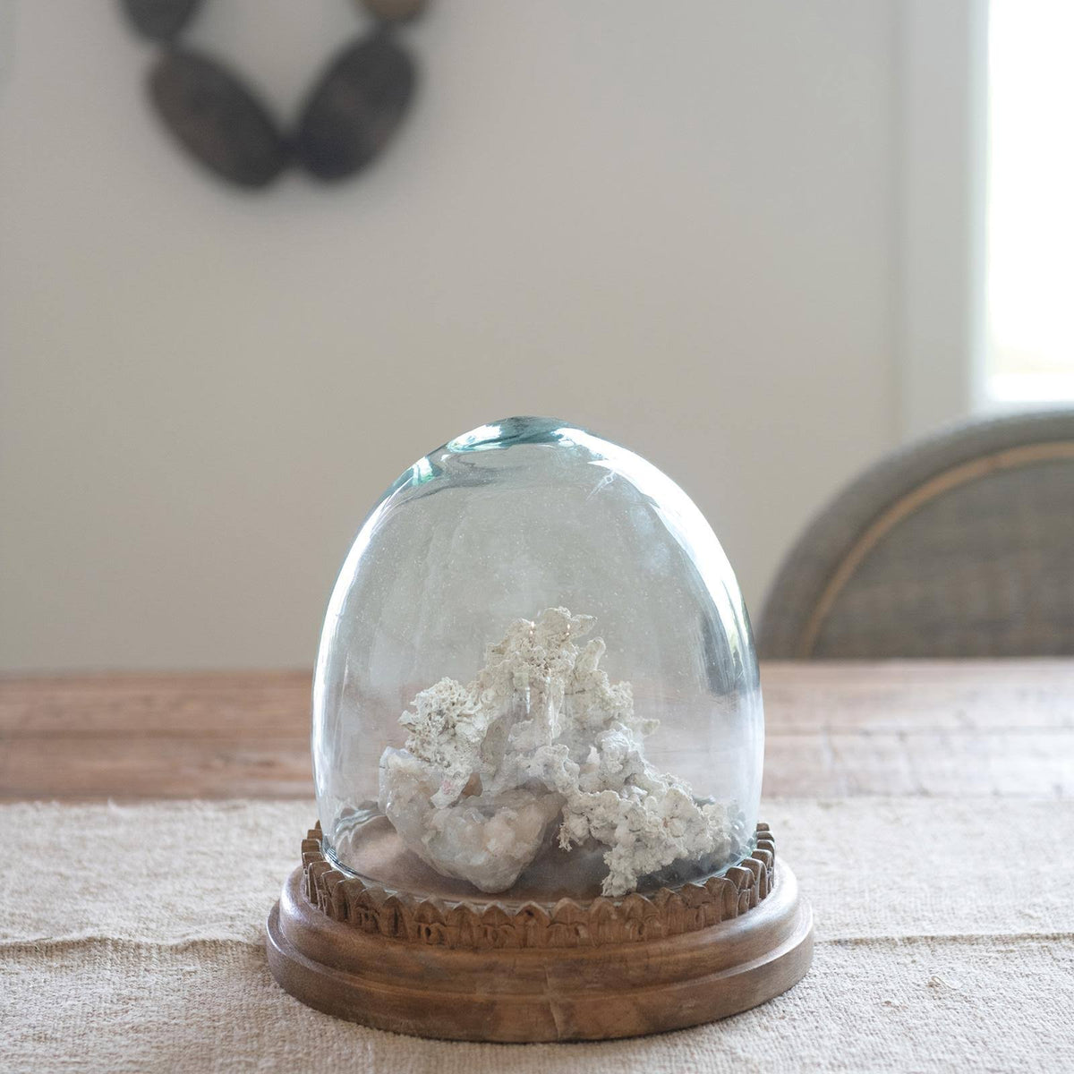 Recycled Glass Cloche on Hand-Carved Mango Wood Base, Set of 2 Pieces P62933