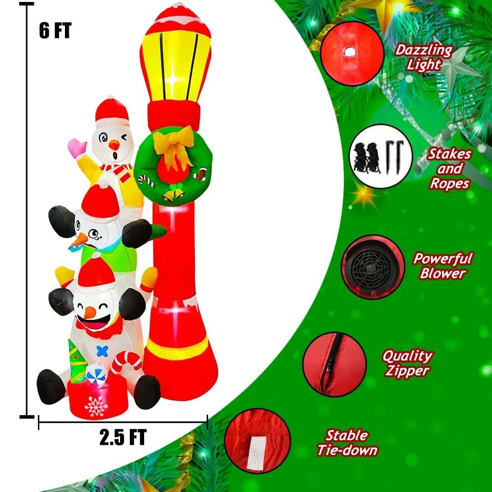 6 FT Inflatable Snowmans Stack of 3 with Street Light Sign E85562