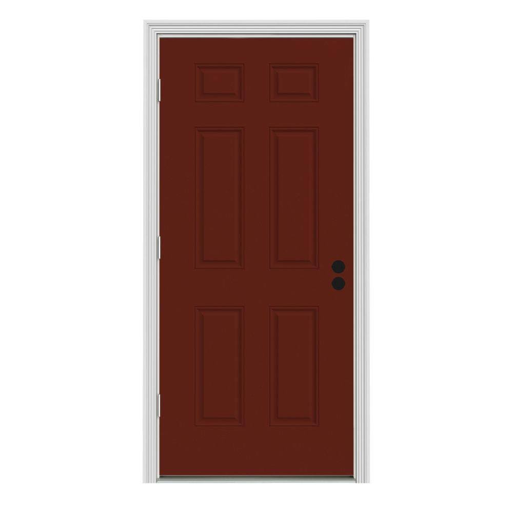 34 in. x 80 in. 6-Panel Red Painted Steel Prehung Right-Hand Outswing Front Door with Brickmould N71069