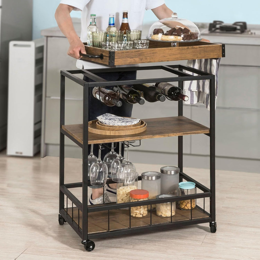 Brown Wood Metal Bar Serving Cart R60517