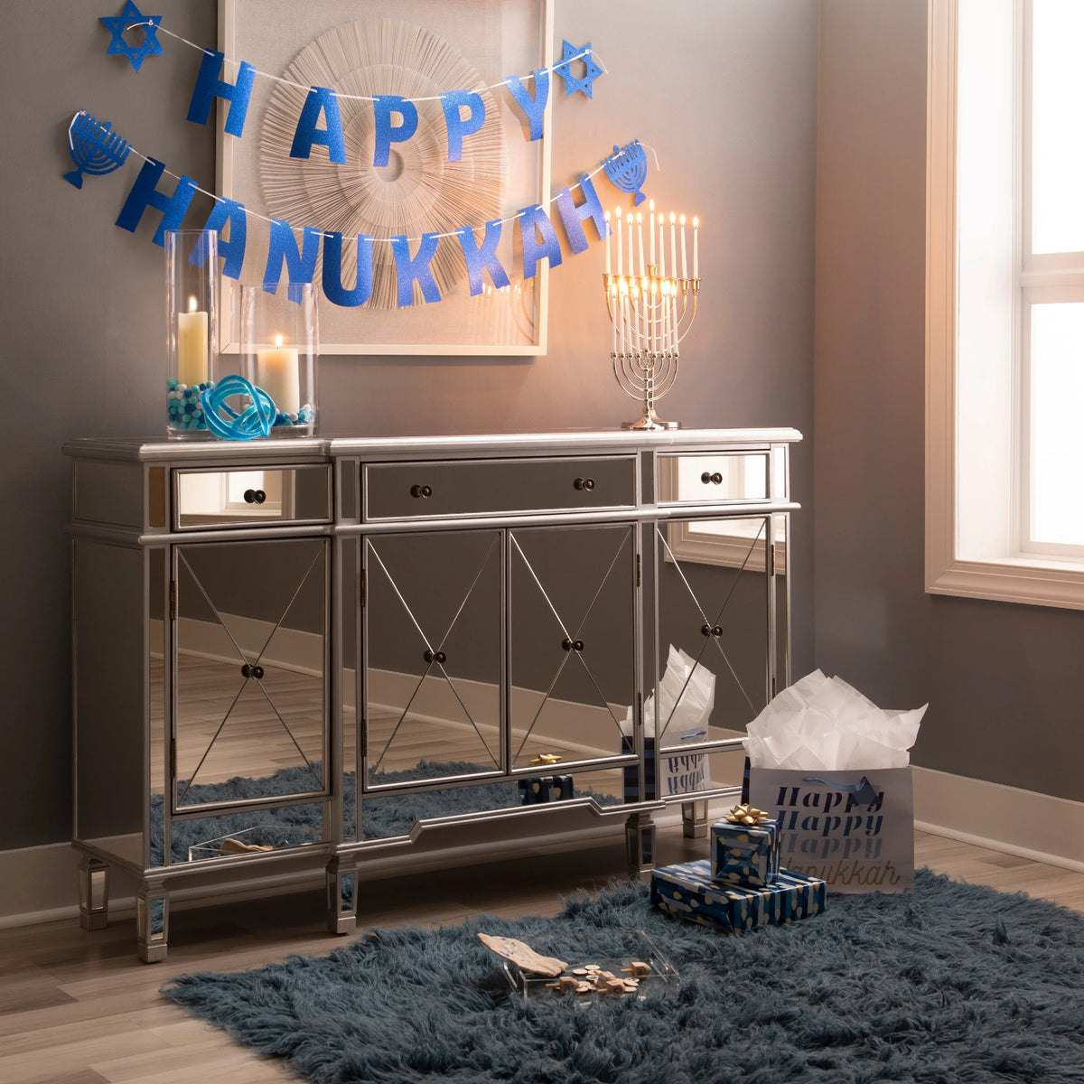 4-Door 3-Drawer Long Console Table with Shelves, Mirrored Surfaces, Silver Wood O961687