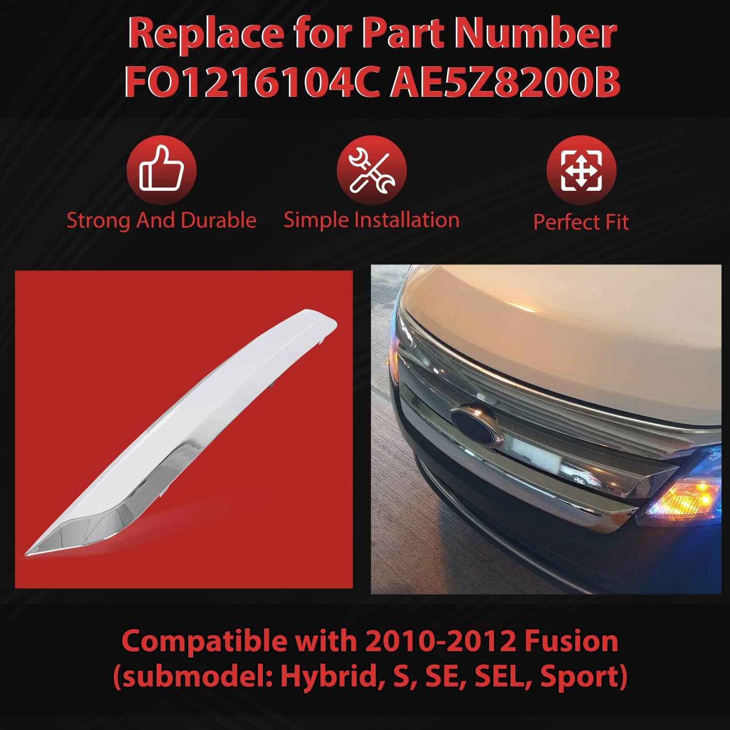 Chrome Front Lower Grille Grill Trim Molding for Ford Fusion 2010-2012, Pack of 2 S51800