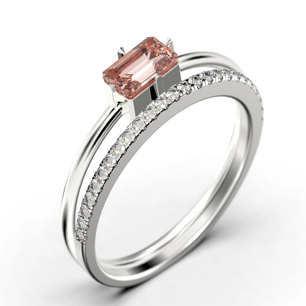 1.20 Carat Baguette Cut Morganite And Diamond Moissanite Engagement Ring in 925 Sterling Silver With 18k White Gold Plating W387009