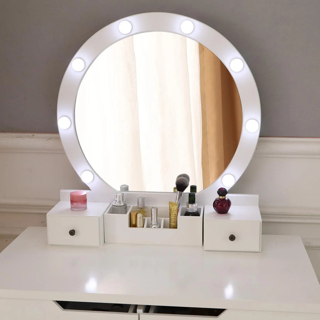 Vanity Table Set with 8 LED Lights Mirror, Wood Makeup Dressing Table with Stool & Drawer U37264