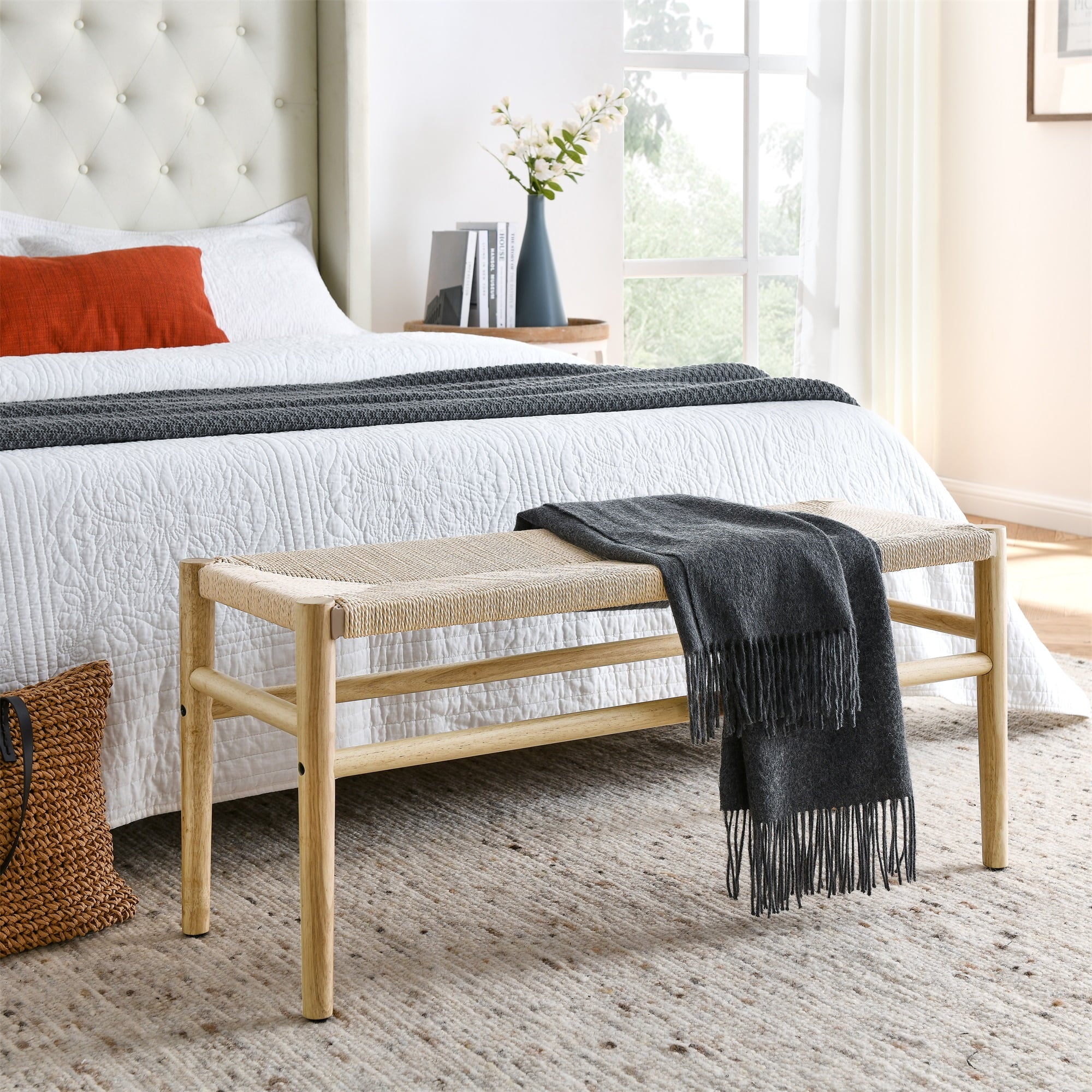 Indoor Entryway Bench with Paper Cord Ottoman, Rubber Wood Legs U4141
