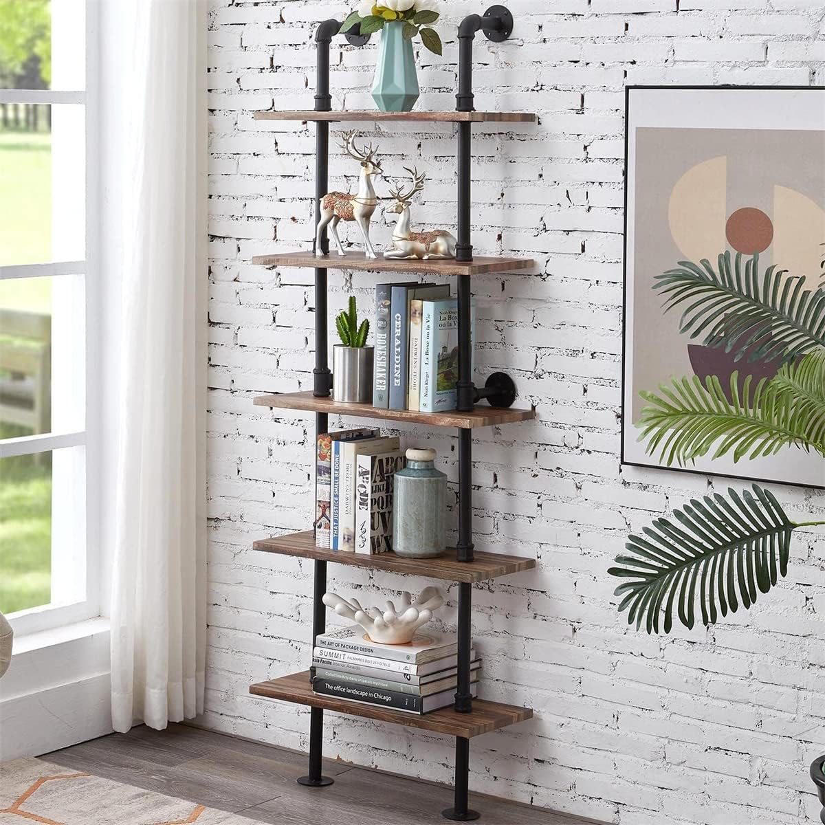 Rustic Industrial 5-Shelf Ladder Bookcase Z9834