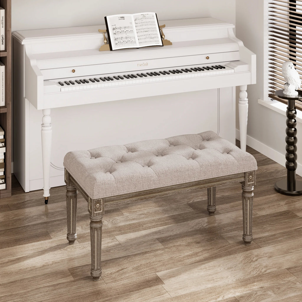 Upholstered Button Tufted Cushion Bench with Carved Wooden Legs B299