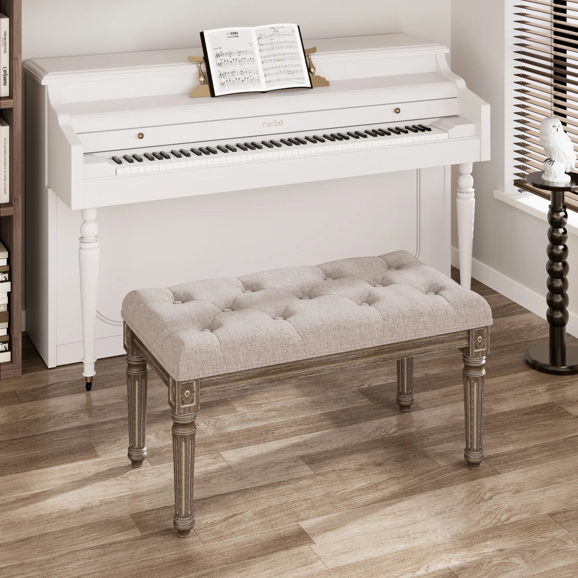 Upholstered Button Tufted Cushion Bench with Carved Wooden Legs B299