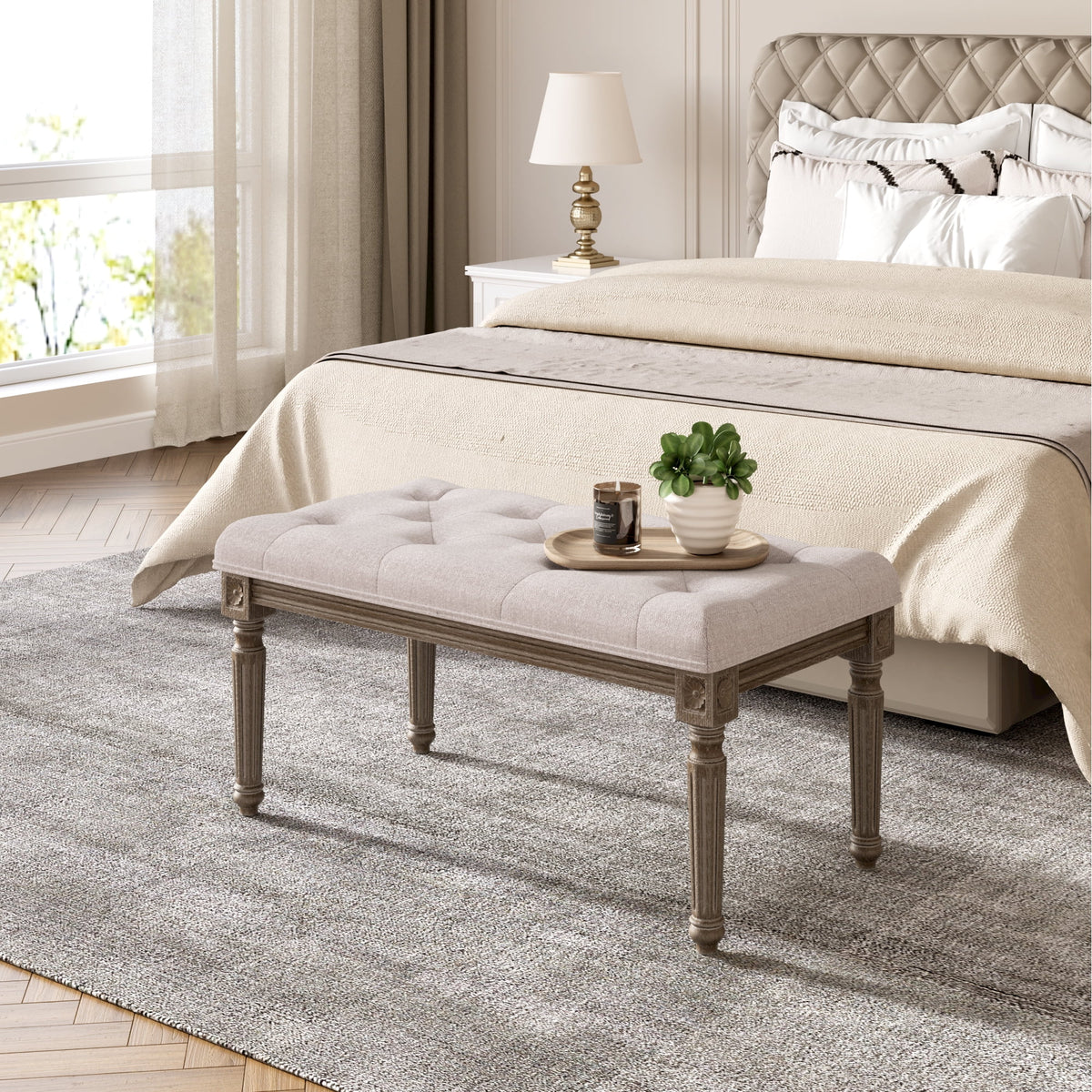 Upholstered Button Tufted Cushion Bench with Carved Wooden Legs B299